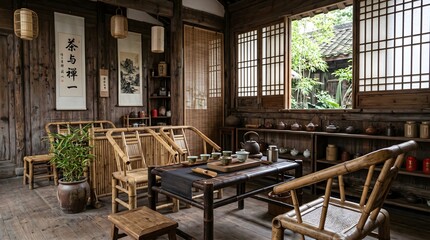 Fototapeta premium Traditional Chinese tea house interior with bamboo furniture and tea set