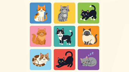 Obraz premium Cute 2D Flat Cat Breeds Vector Sticker Set with 9 Cartoon Square Badges: Calico, Tabby, Tuxedo, Persian, Siamese, and Sleeping Kitty in Bright Colors for Kids and Pet Lovers