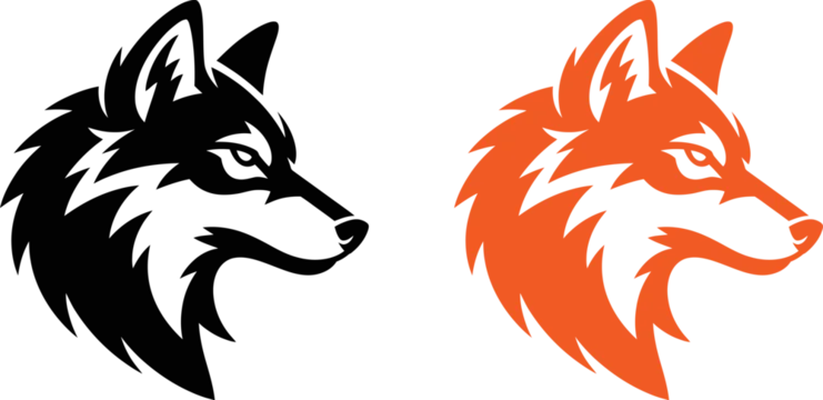 Stylized wolf and fox head silhouettes side view profile two animal faces