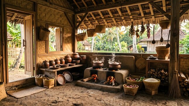 Authentic Indonesian Kitchen with Woven Bamboo Walls and Rustic Cooking Area