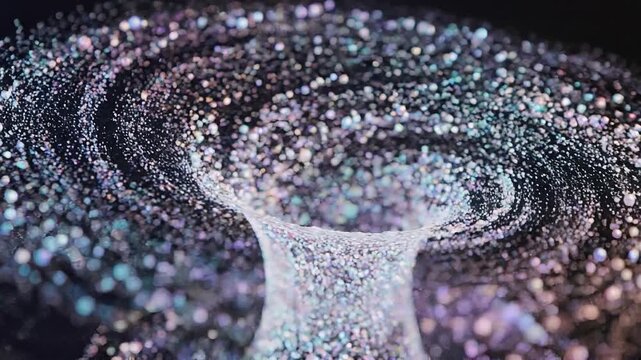 Glittering swirl of sparkling particles on dark background with bokeh effect