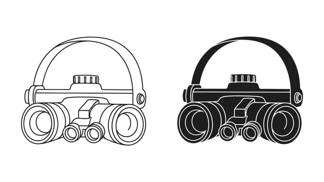 Night Vision Goggles, Silhouette and Outline: A pair of night vision goggles presented in both a detailed silhouette and a clean outline, showcasing their design and functionality.