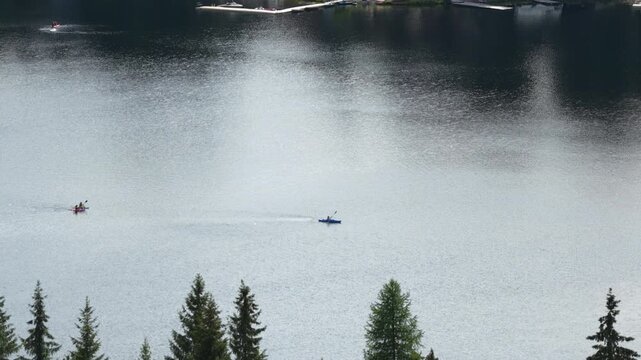 Aerial of recreational kayaking on Lake Gillette in Stevens County Washington in summertime