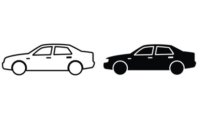 Fototapeta premium Two simple sedan car icons presented as a clean outline version and a solid black silhouette on a white background