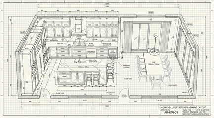 Fototapeta premium Isometric perspective drawing of a luxury kitchen and dining room layout