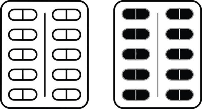 Medicine blister pack icon set, pharmaceutical tablet vector collection isolated outline healthcare design symbols