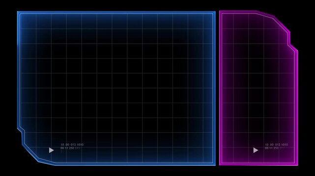Frame, HUD animation. Dual hud frame layout for digital interface screen display. Side by side screen panels for data comparison visualization. Modular hud elements for structure presentation.