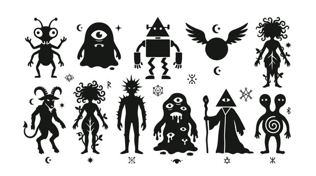 Fantasy creature vector set, black silhouette monster collection, mythical beast illustrations, alien character designs, spooky Halloween graphics