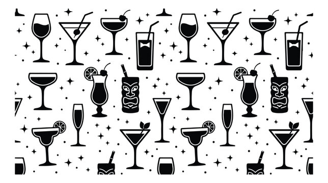 Monochrome cocktail glass pattern, black and white alcoholic drink vector illustration. Seamless bar beverage background, party and celebration design element.