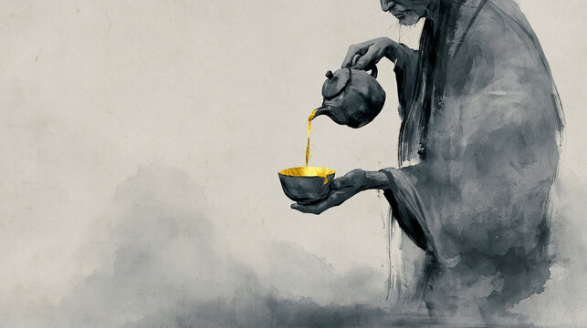 A sumi-e style Japanese ink wash painting depicting a figure in robes pouring golden liquid from a teapot into a bowl, blending traditional art with modern gold accents.