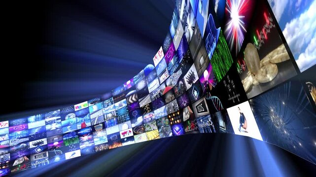 Streaming Media Wall Content Playing Video Content with Light Rays - 3d 4k animation (3840 x 2160 px)