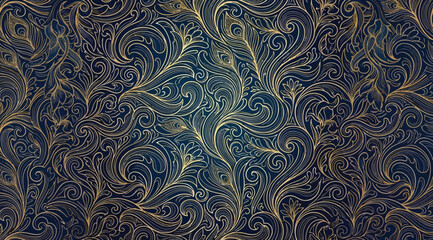 Seamless luxury pattern with golden floral swirls on a dark blue background © S.Siam