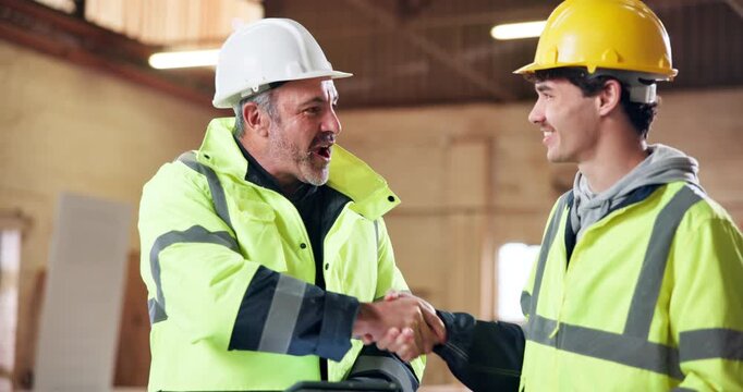 Tablet, happy and men handshake in carpentry for inspection pass, shopfitting or approval. Tech, inspector or carpenter shaking hands for risk assessment, compliance or safety clearance in warehouse