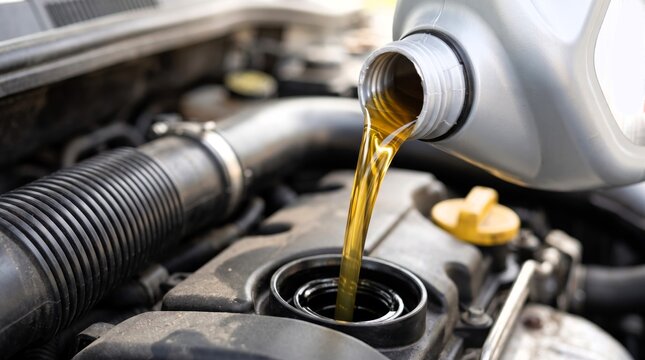 Golden motor oil pours smoothly from a gray plastic bottle into a dark car engine