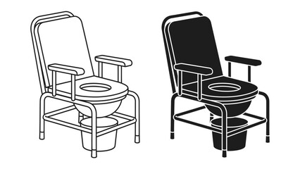 Obraz premium Portable Commode Chair Illustration: A clear illustration depicts a portable commode chair in both line art and silhouette, showcasing its design for mobility assistance.