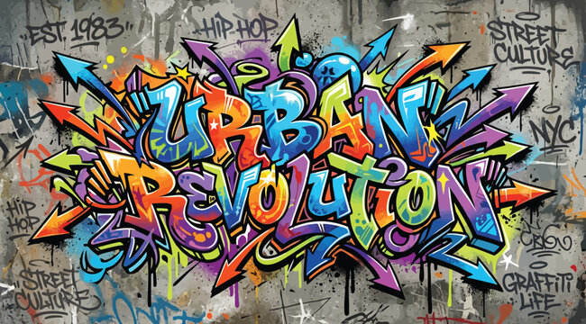 Urban revolution graffiti mural art on concrete wall