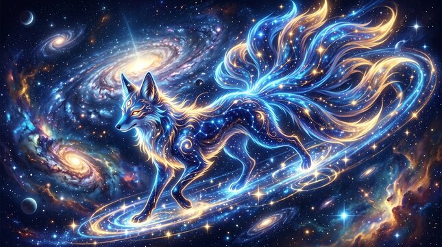 Cosmic nine-tailed fox illustration in outer space with galaxies and stars in file