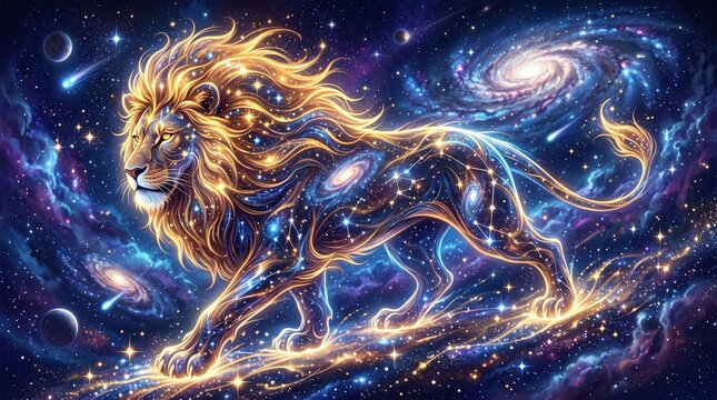 Celestial Leo lion walking through a vibrant cosmic galaxy