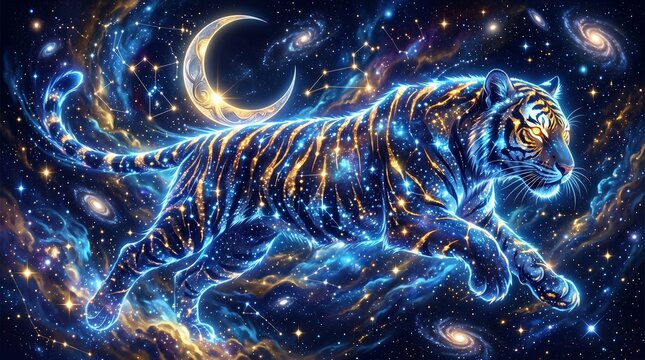 A majestic cosmic tiger leaping through a starry galaxy with a crescent moon
