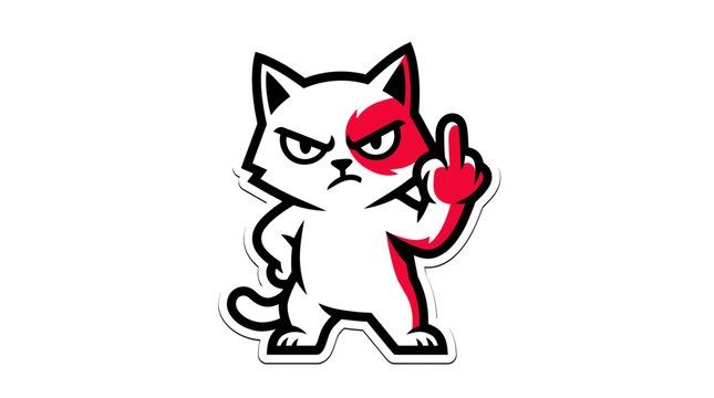 Angry Cat Flipping Off Middle Finger Gesture, Cartoon Style, White Background