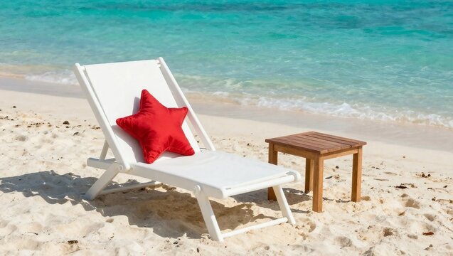 Relaxing White Beach Chair with Red Star Cushion by Turquoise Sea