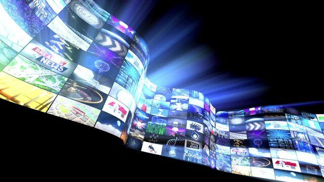 Streaming Media Wavy Wall Content Playing Video Content with Light Rays - 3d 4k animation (3840 x 2160 px)