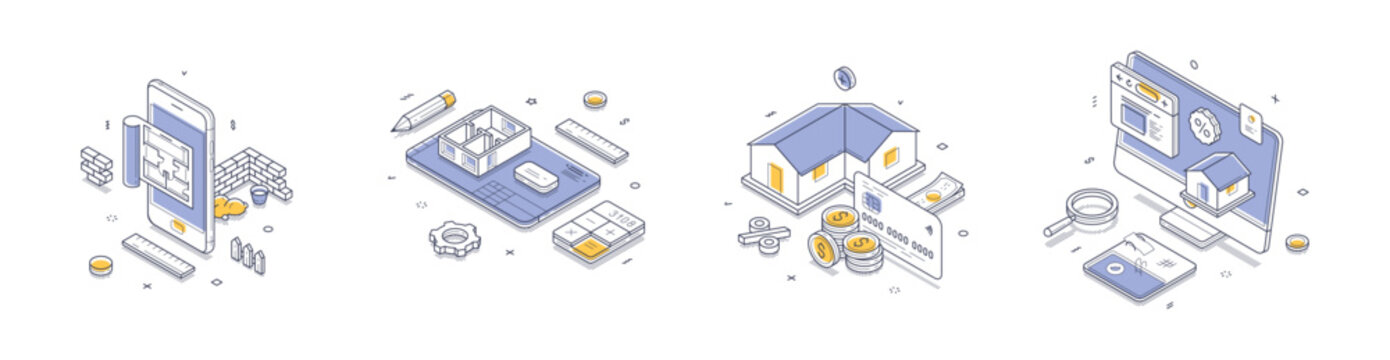 Isometric vector illustration set for real estate finance, property search, and architectural planning. Modern concepts for web banners, mobile apps, and business infographics