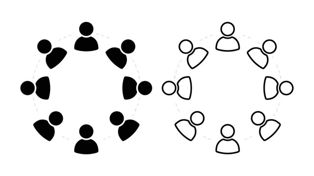 Circle of People Icons: Two circles of stylized people icons, one solid black and one outlined, representing connection and community.
