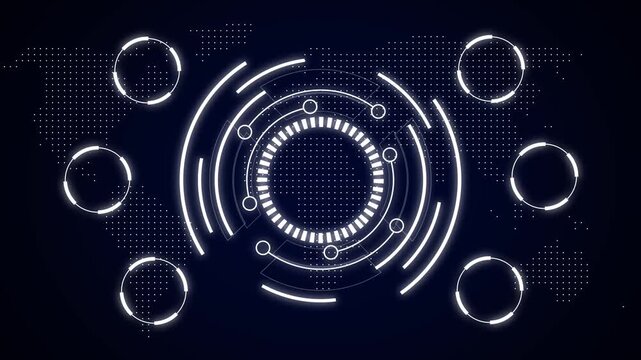 Futuristic hud interface with glowing circles and world map dots on dark blue background technology digital