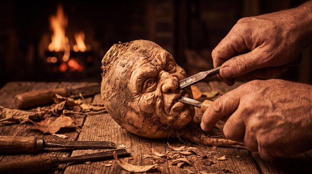 Hands carving grotesque face into turnip in rustic workshop by firelight