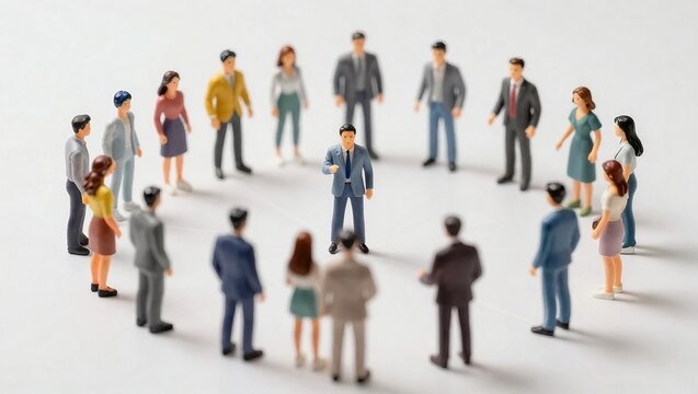 Miniature People Figurines Standing in Circle Around a Leader on White Background