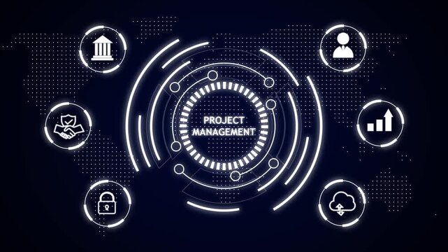 Project management hub with icons for finance team security cloud and growth video
