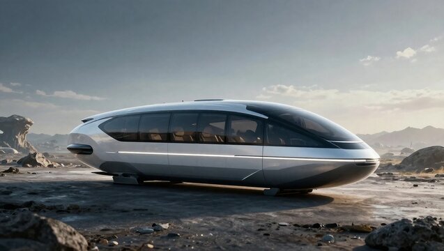 Futuristic Autonomous Electric Shuttle Vehicle in Desert Landscape