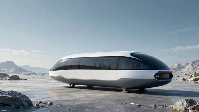 Futuristic Autonomous Electric Shuttle Vehicle in Desert Landscape