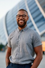 Fototapeta premium Smiling man with glasses standing in front of futuristic curved architecture for professional profile background and website banner