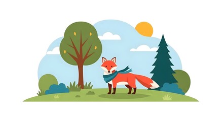 Naklejka premium Charming foxy vector character standing in a sunny forest glade