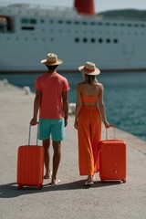 Fototapeta premium Couple with orange suitcases walking toward a cruise ship on a pier for travel and vacation background banner