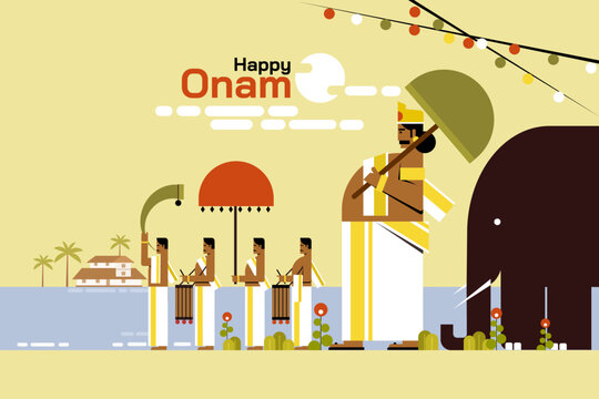 Festive Onam vector illustration featuring King Mahabali leading a traditional Kerala procession with percussion musicians, a decorated elephant, and backwater scenery