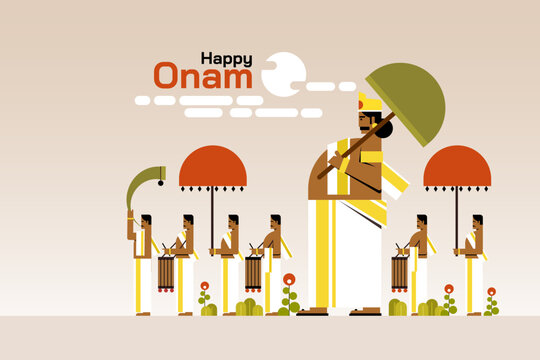 Conceptual vector illustration of King Mahabali leading a traditional Onam procession with Kerala percussion musicians, celebrating the cultural heritage and festive spirit of Kerala, India