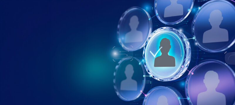 Illuminated circular glass icons feature human silhouettes with one profile highlighted by a bright teal checkmark symbol.