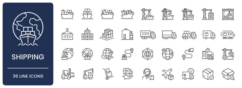 Shipping icon set. Collection of global logistics, maritime cargo transportation, freight delivery and container terminal line icon vector illustration with editable stroke.