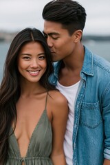 Fototapeta premium Intimate smiling couple portrait by the water for romantic banner and social media background