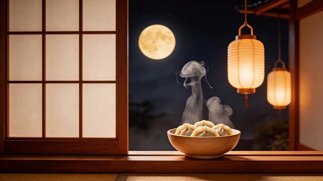 Steaming dumplings by window with moon