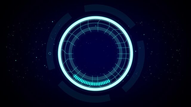 Automation technology concept. Futuristic HUD digital interface with glowing blue circular data visualization symbolizing process optimization, AI, and business efficiency.