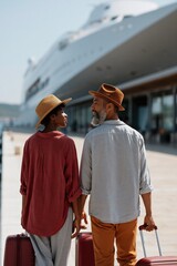 Fototapeta premium Diverse couple walking at cruise terminal with suitcases and large ship for travel poster and holiday banner design