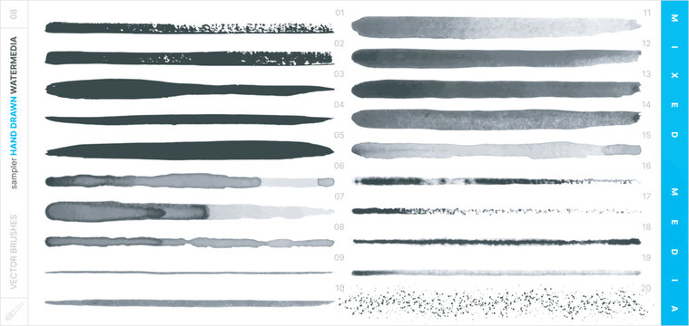 Hand Drawn Vector Brushes. Mixed Media Sampler Set. Watermedia.