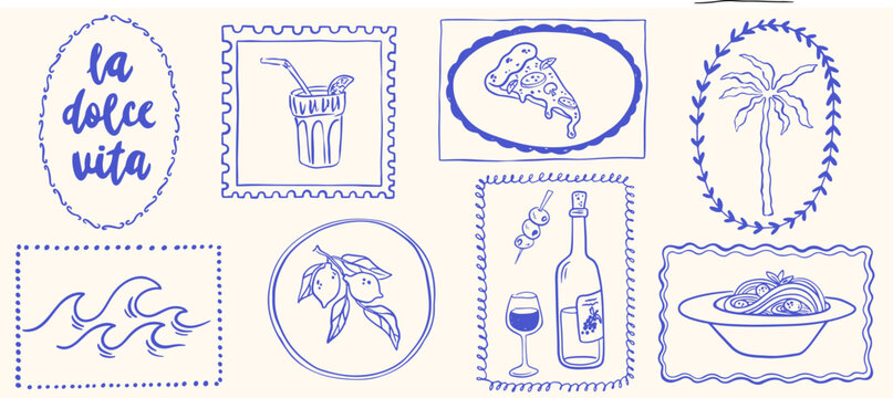 Hand drawn Italian Mediterranean post stamps. Summer Amalfi vacation vector ink elements for poster, placard or postcard prints. Retro frame, border in grunge chalk, charcoal rough doodle sketch style
