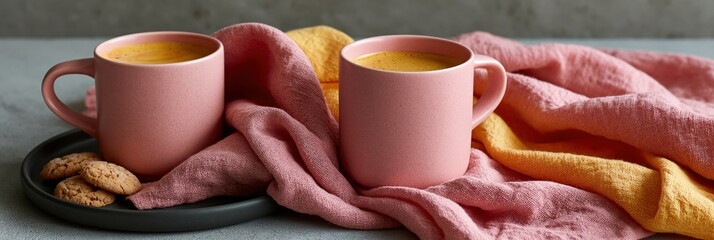 Two pink mugs with golden turmeric latte and cookies on pink and yellow linen for cozy breakfast background and banner design