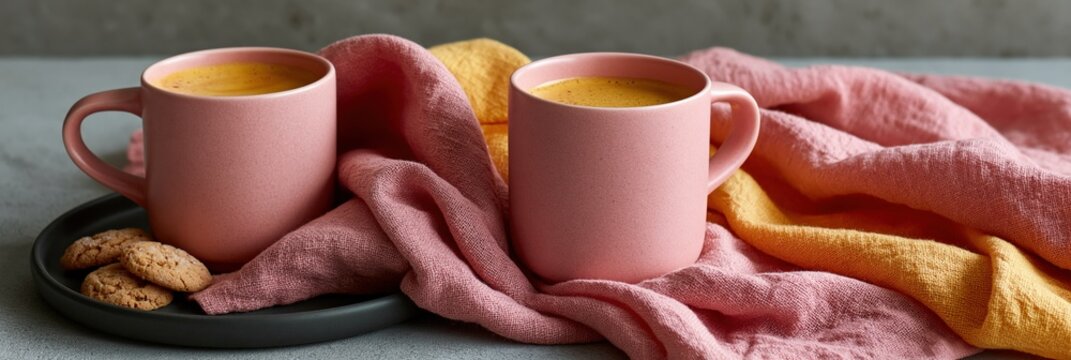 Two pink mugs with golden turmeric latte and cookies on pink and yellow linen for cozy breakfast background and banner design