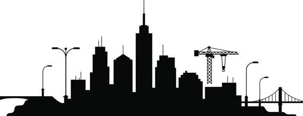 Obraz premium Modern city skyline silhouette featuring high-rise buildings bridge and construction site silhouette buildings skyscraper construction metropolis architecture downtown cityscape industry